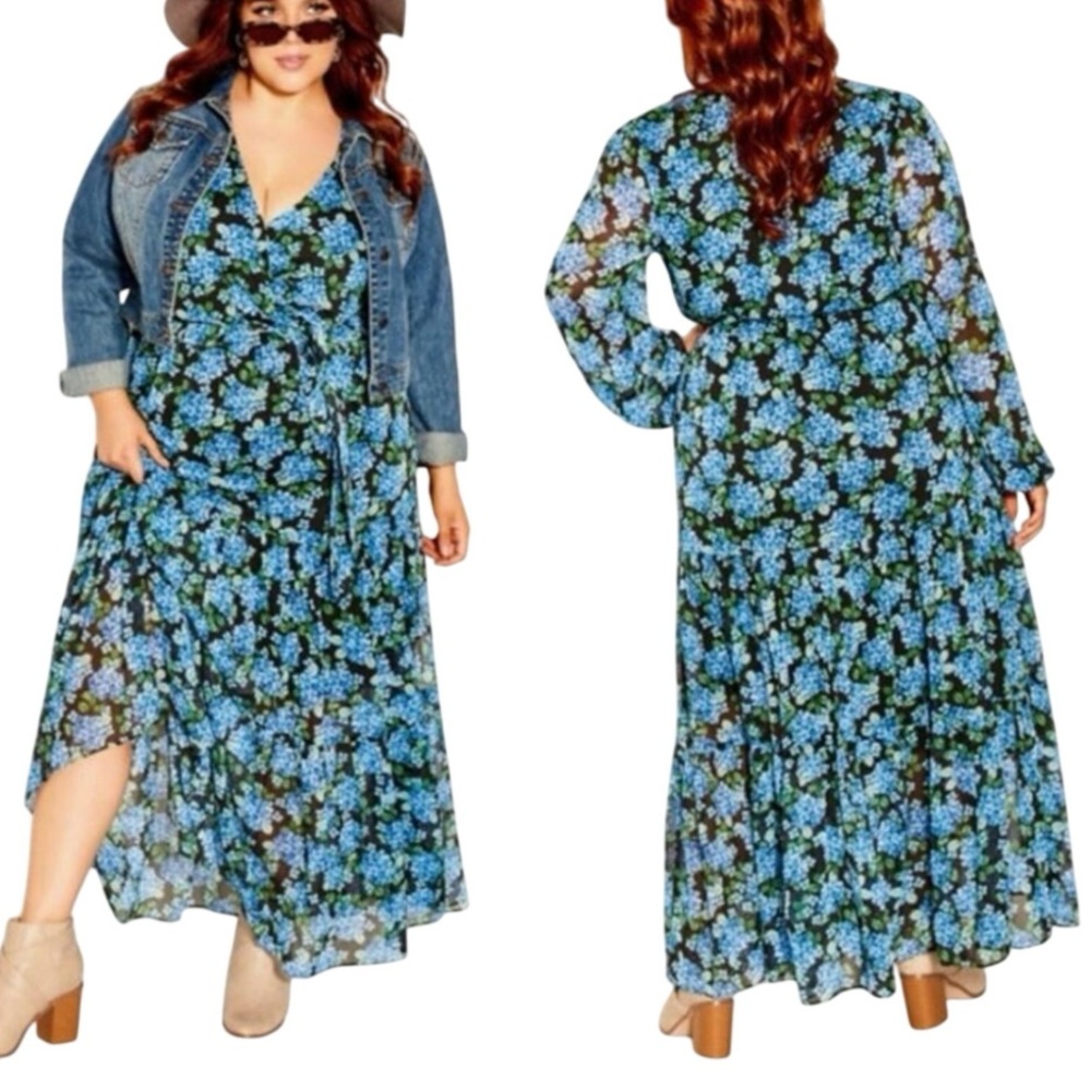 CITY CHIC Blue Bunch Floral Long Sleeve Maxi Dress Size 22 New w/ Tag MSRP $139